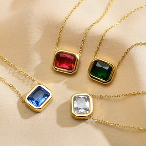 Golden stainless steel necklace with square zircon pendants in red, blue, green and white