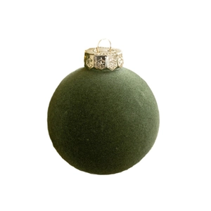 Green 8cm flocked Christmas ball ornament with golden metal cap on white background