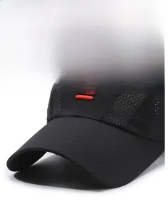 Detailed view of black breathable mesh baseball cap with red triple stripe embroidery