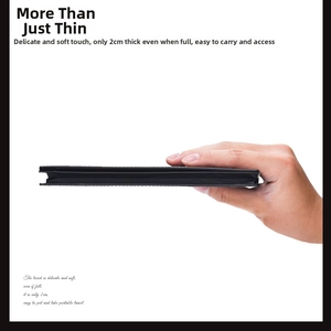 Slim men's black leather long wallet showing its ultra-thin 2cm side profile depth