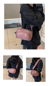 Three-way view of soft PU leather round crossbody bag with wide woven strap in dusty pink
