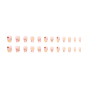 Pastel pink press-on nails with rainbow, heart, and cloud motifs in square shape