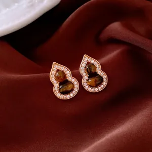 Boucles D'oreilles Clous Gourde Avec Pierre Oeil De Tigre Zircon Cuivre Et Tige En Argent Sterling 925 Bijoux Vintage Femmes