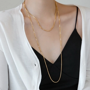 18K Gold Plated Titanium Steel Long Snake Chain Necklace For Women Minimalist Layered Square Bone Link Non-Tarnish