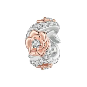 Rose Flower Charm Bead 925 Sterling Silver Two Tone Plated Cubic Zirconia DIY Accessory For Bracelet Jewelry Making