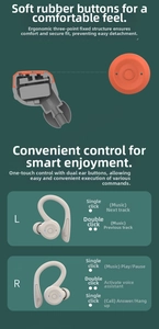 Detail view of earhook wireless headphones with ergonomic fit and control guide