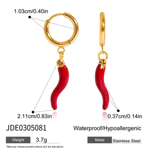 Detail view of 18K gold stainless steel earrings with red enamel chili pendant and size info