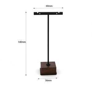 Detailed dimensions of the black metal T-bar jewelry stand with a solid wood base