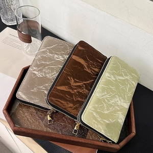 Women Long Zipper Wallet Wrinkled Texture Large Capacity Clutch Handbag Elegant Versatile Style Phone Bag