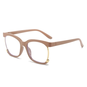 Fashionable pink square cat-eye glasses with champagne gold metal temples at a 45-degree angle