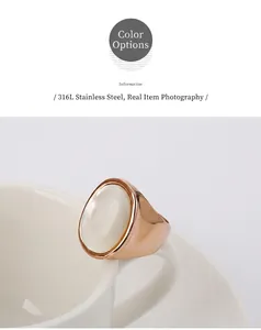 Detail view of 316L stainless steel rose gold ring with white shell inlay