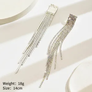 Detailed view of long waterfall rhinestone tassel earrings measuring 14cm and weighing 18g
