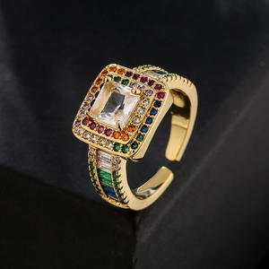 Geometric Open Ring Copper 18K Gold Plated Multi Color Square Zircon Adjustable Fashion Jewelry For Women