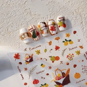 Autumn themed 5D matte nail stickers with hand-drawn pumpkin and leaf patterns