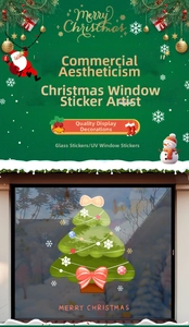 Detail von Weihnachtsbaum-Fensteraufkleber mit UV-Druck, roten Schleifen und Flocken