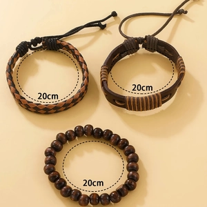 Herren 3er-Set mit geflochtenem Leder- und Holzperlenarmband in 20cm Länge für Männer