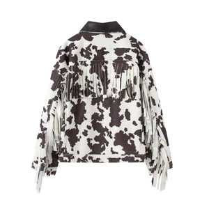 Cow print jacket with fringe trim and black leather collar, back view on white background