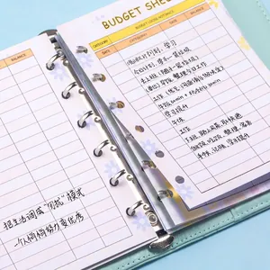 Mint green A6 budget binder with silver 6-ring binder clips and floral budget sheets