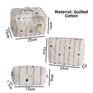 Three-piece quilted cotton cosmetic bag set with pink stripes and star patterns