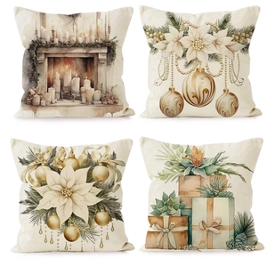 Christmas Pillow Case Linen Watercolor Printing Cushion Cover Square Home Sofa Holiday Decoration Vintage Festive