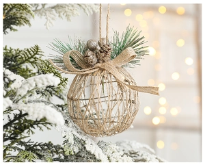 Detail of Christmas hollow ball ornament made of jute twine with frosty pine needles