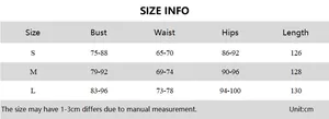 Size guide table for slim fit halter neck dress showing bust, waist, and hips measurements