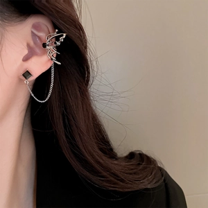 Silver butterfly ear cuff and black gem stud earring set with delicate metal chain