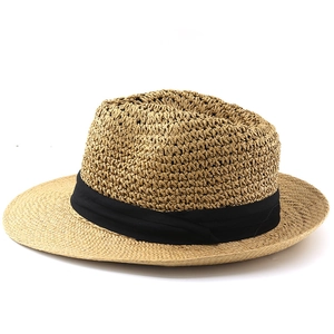 Classic straw sun hat with two-tone weave patterns and a black ribbon band for women