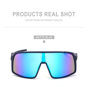 Detailed shot of matte blue cycling sunglasses with premium blue-purple mirrored lenses