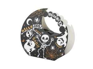 Halloween gift box with spooky ghost and pumpkin prints on a black paper handle bag
