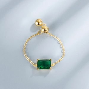 Elegant gold S925 silver chain ring with a rectangular green zircon and adjustable slider