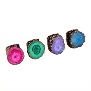 Bohemian adjustable bronze rings featuring colorful raw crystal druzy agate slices