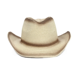 Detailansicht der Webstruktur und dunkelbraunen Streifen auf dem Cowboy-Strohhut