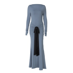 Detail of dusty blue maxi dress featuring waist ruching and a black satin ribbon bow