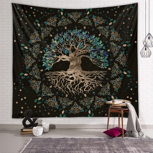 Black Tree of Life tapestry with gold Celtic patterns for home wall decoration
