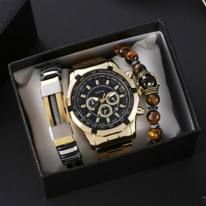 Herenhorloge goud met zwarte wijzerplaat, lichtgevende wijzers en kralenarmband in geschenkset