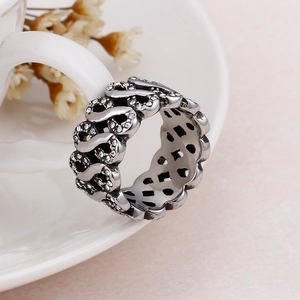 Vintage punk style silver woven chain ring with micro-pave cubic zirconia accents