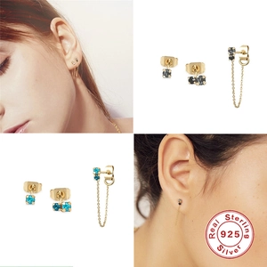 Asymmetric S925 sterling silver chain tassel earrings with black and blue rhinestones