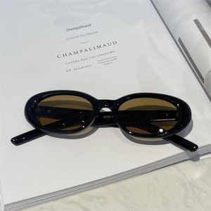 Detailed view of black oval sunglasses temple showing printed model numbers and high quality