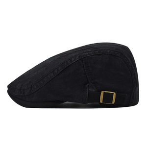 Black cotton newsboy cap with vintage ROYST embroidery and metal buckle closure