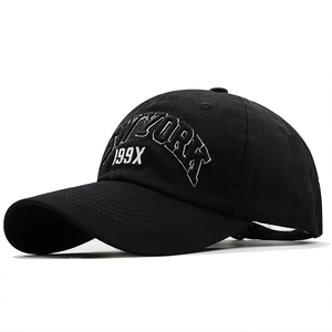 Classic black cotton baseball cap with white NEW YORK 3D embroidery at 45-degree angle