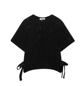 Detail of black crochet knit top showing hollow out texture and adjustable hem drawstring