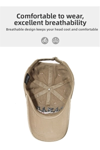 Detailed interior of khaki cotton baseball cap showing sweatband and adjustable metal buckle