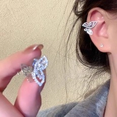 Macro detail of butterfly earrings with silver finish and sparkling zircon stones