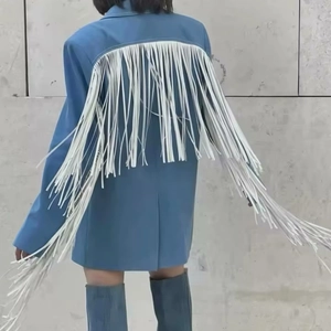 Haze Blue Woolen Blazer Coat For Women With White Fringe Tassel Detail Long Sleeve Loose Fit Elegant Outerwear