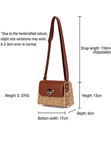Handwoven straw crossbody bag with brown leather flap and silver metal lock closure