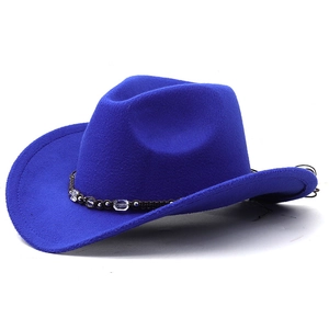 Close-up of royal blue wool felt cowboy hat with beaded ethnic band detail