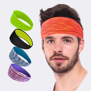 Detail of colorful elastic silicone yoga headbands showing multiple colors and fit on model