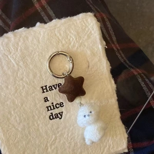 Cute plush Bichon Dog and felt star keychain with silver metal ring on plaid background