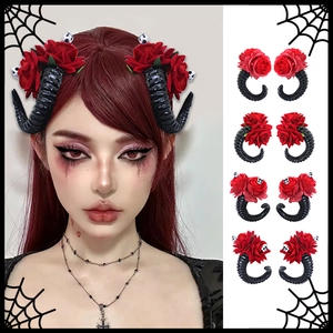 Pinces À Cheveux Corne De Diable Gothique Avec Rose Et Crâne Accessoires De Cheveux De Fête Halloween Cosplay Pour Femmes